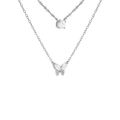 PRIMROSE Fine Silver Plated Round Cubic Zirconia Butterfly Double Layer Necklace