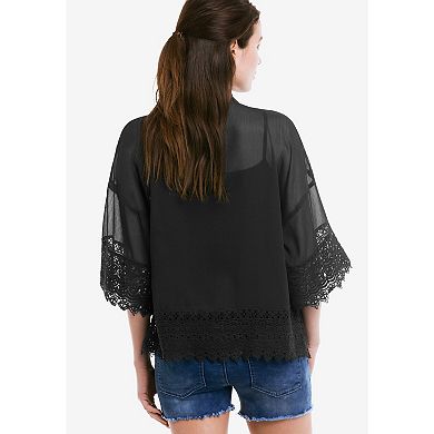 Ellos Women's Plus Size Sheer Lace Trim Kimono Cardigan