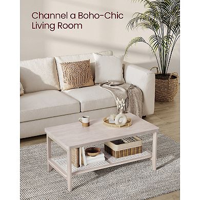 2-tier Coffee Table For Living Room, Rectangular Center Table, With Pvc Rattan Storage Shelf