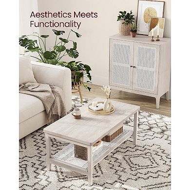 2-tier Coffee Table For Living Room, Rectangular Center Table, With Pvc Rattan Storage Shelf