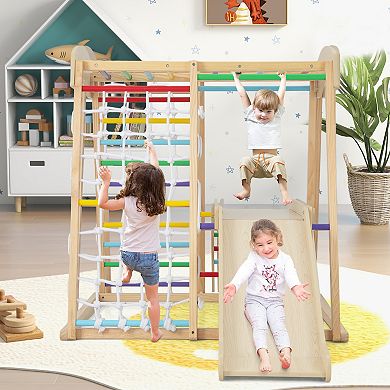 6-in-1 Indoor Jungle Gym Kids Wooden Playground With Monkey Bars