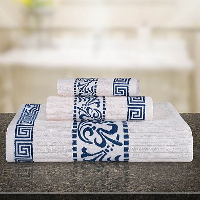 SUPERIOR 3 pc Athens Cotton With Greek Scroll & Floral Pattern Towel Set