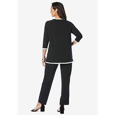 Jessica London Women's Plus Size 2-piece Stretch Knit Notch Neck Pant Set