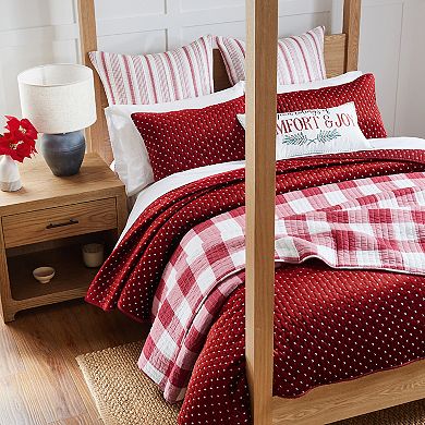 Levtex Home Cross Stitch Velvet Red Reversible Quilt Set or Sham