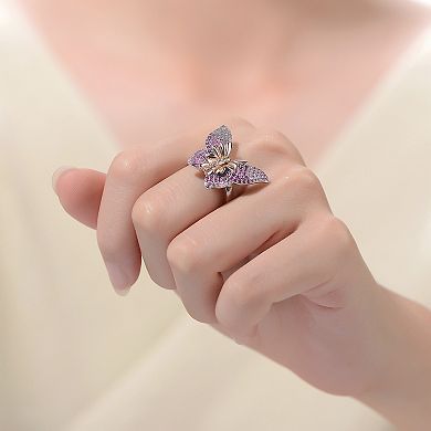 18k Rose Gold over Sterling Silver Multi-Color Cubic Zirconia Butterfly Ring