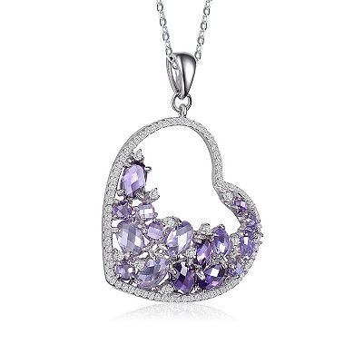 Sterling Silver Purple & Clear Round Cubic Zirconia Open Heart Necklace