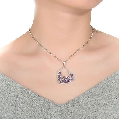 Sterling Silver Purple & Clear Round Cubic Zirconia Open Heart Necklace