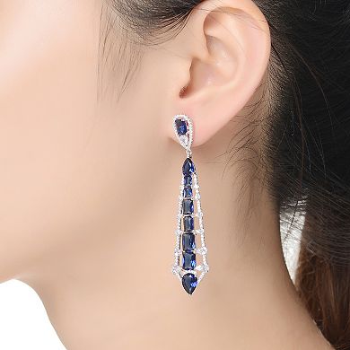 Sterling Silver Blue & White Cubic Zirconia Ladder Style Dangle Earrings