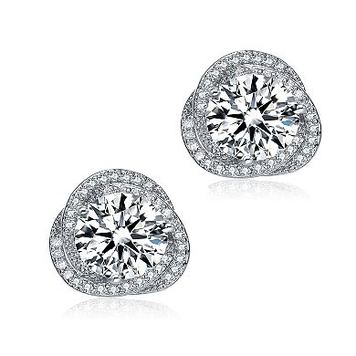 Sterling Silver Round Cubic Zirconia Swirl Halo Stud Earrings