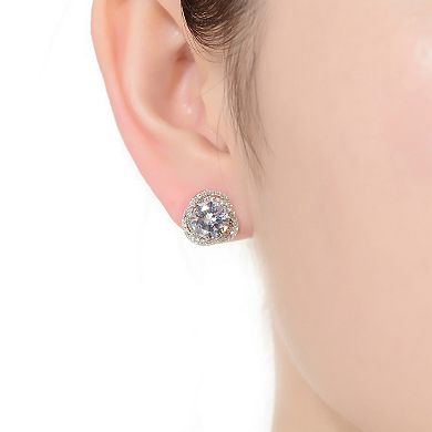 Sterling Silver Round Cubic Zirconia Swirl Halo Stud Earrings