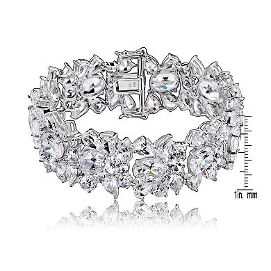 Cubic Zirconia Sterling Silver Wide Flower Bracelet