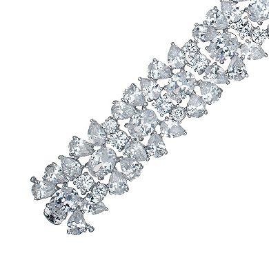 Cubic Zirconia Sterling Silver Wide Flower Bracelet