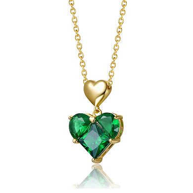 14k Gold over Sterling Silver Green Cubic Zirconia Double Heart Pendant Necklace