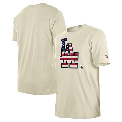 Men's New Era Cream Los Angeles Dodgers 4th of July Flag Fill T-Shirt