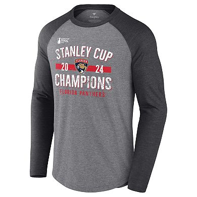 Men's Fanatics  Heather Gray Florida Panthers 2024 Stanley Cup Champions Throwback Tri-Blend Raglan Long Sleeve T-Shirt