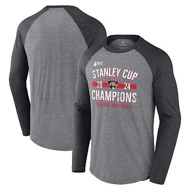 Men's Fanatics  Heather Gray Florida Panthers 2024 Stanley Cup Champions Throwback Tri-Blend Raglan Long Sleeve T-Shirt