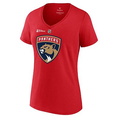 Women's Fanatics Matthew Tkachuk Red Florida Panthers 2024 Stanley Cup Champions Authentic Stack Name & Number V-Neck T-Shirt