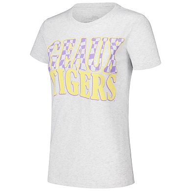 Women's Heather Gray LSU Tigers Checkered Team Name Wavy Tri-Blend T-Shirt