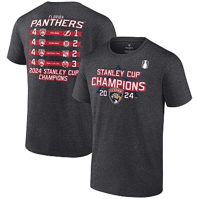 Men's Fanatics  Heather Charcoal Florida Panthers 2024 Stanley Cup Champions Schedule T-Shirt