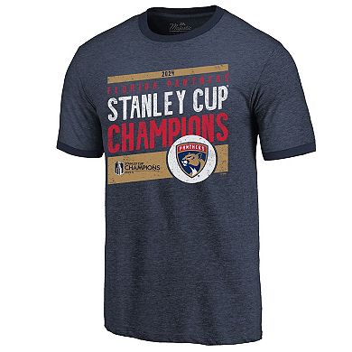 Men's Majestic Threads  Navy Florida Panthers 2024 Stanley Cup Champions Tri-Blend Ringer T-Shirt