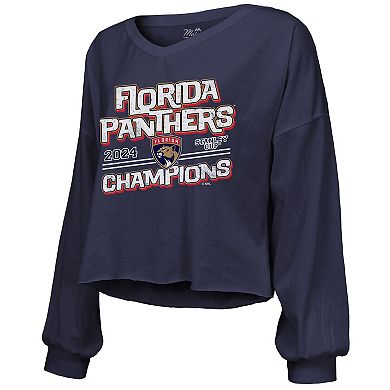 Women's Majestic Threads  Navy Florida Panthers 2024 Stanley Cup Champions Off-Shoulder Long Sleeve V-Neck T-Shirt