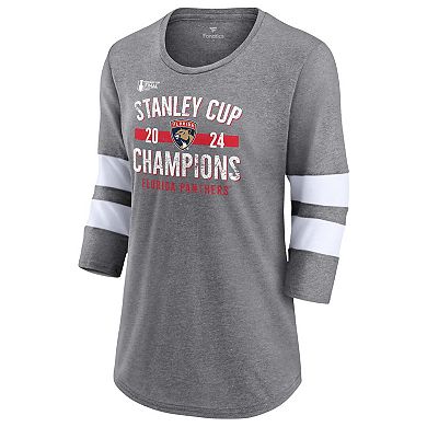 Women's Fanatics  Heather Gray Florida Panthers 2024 Stanley Cup Champions Throwback Tri-Blend 3/4-Sleeve T-Shirt