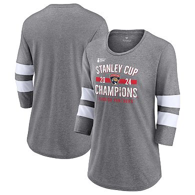 Women's Fanatics  Heather Gray Florida Panthers 2024 Stanley Cup Champions Throwback Tri-Blend 3/4-Sleeve T-Shirt