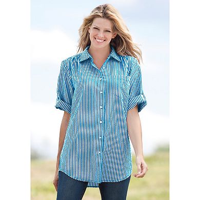 Woman Within Women's Plus Size Short-sleeve Button Down Seersucker Shirt