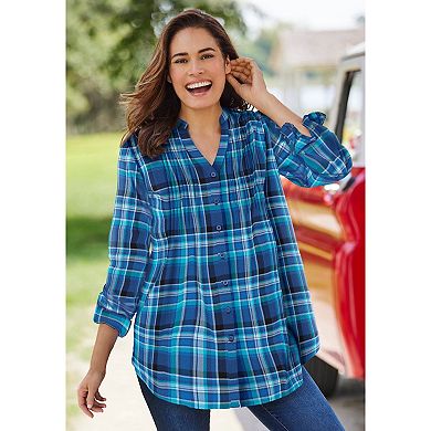 Woman Within Women's Plus Size Pintucked Flannel Shirt