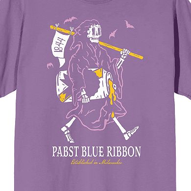 Men's Pabst Blue Ribbon Halloween Skelton with Beer Graphic Tee