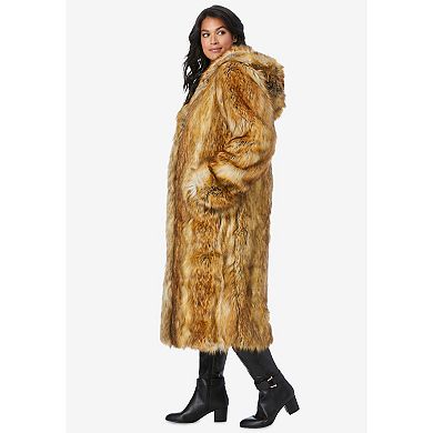 Roaman's Women's Plus Size Full Length Faux-fur Coat With Hood