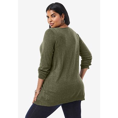 Roaman's Women's Plus Size Fine Gauge Drop Needle V-neck Sweater