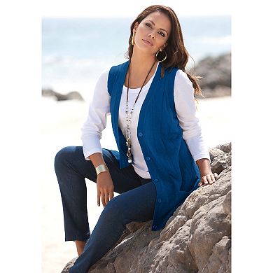 Roaman's Women's Plus Size Fine Gauge Drop Needle Sweater Vest