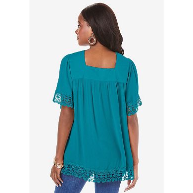 Roaman's Women's Plus Size Embroidered Lace Crinkle Top