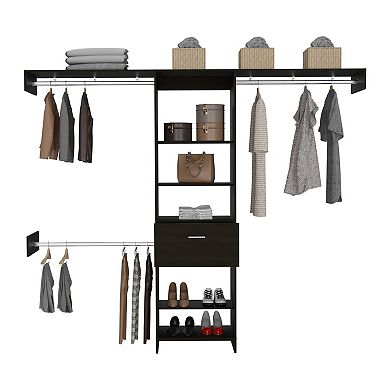 DEPOT E-SHOP Brisk Closet System, One Drawer, Three Metal Rods, Five Open Shelves, Black