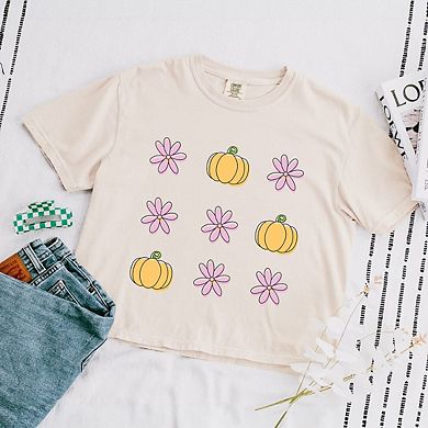 Pumpkin And Flowers Relaxed Fit Cropped Tee