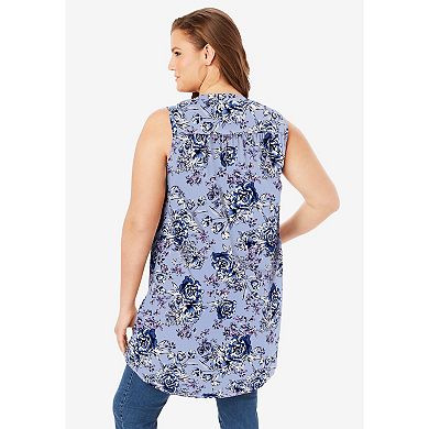 Roaman's Women's Plus Size Sleeveless Floral Big Shirt