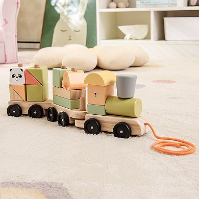 3-section Toy Wooden Train Set With Stackable Building Blocks