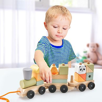 3-section Toy Wooden Train Set With Stackable Building Blocks