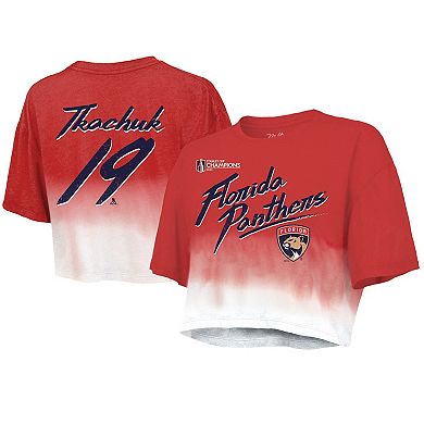 Women's Majestic Threads Matthew Tkachuk Red Florida Panthers 2024 Stanley Cup Champions Dip Dye Boxy Crop Name & Number T-Shirt