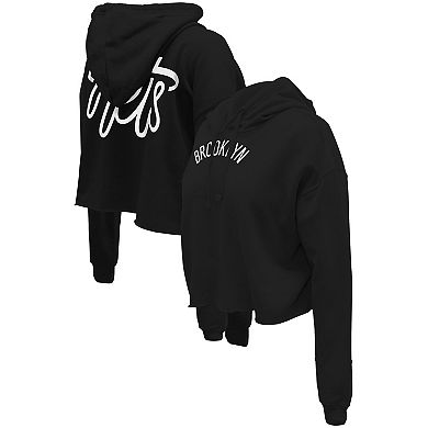 Women's Stadium Essentials  Black Brooklyn Nets Origins Script Cropped Pullover Hoodie