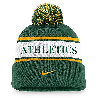 Men's Nike Green Oakland Athletics Team Stripe Peak Cuffed Knit Hat with Pom