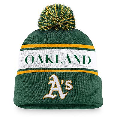 Men's Nike Green Oakland Athletics Team Stripe Peak Cuffed Knit Hat with Pom