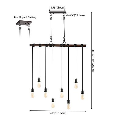 Rhys 8-light Vintage Industrial Driftwood Iron Led Linear Chandelier With Height Adjustable Bulbs