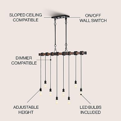 Rhys 8-light Vintage Industrial Driftwood Iron Led Linear Chandelier With Height Adjustable Bulbs