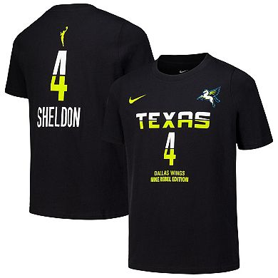 Youth Nike Jacy Sheldon Black Dallas Wings Draft Rebel Edition Name & Number T-Shirt