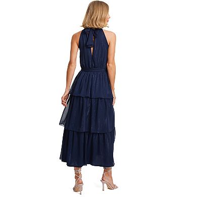 Quiz Women's Chiffon Metallic High Neck Tiered Midi Dress