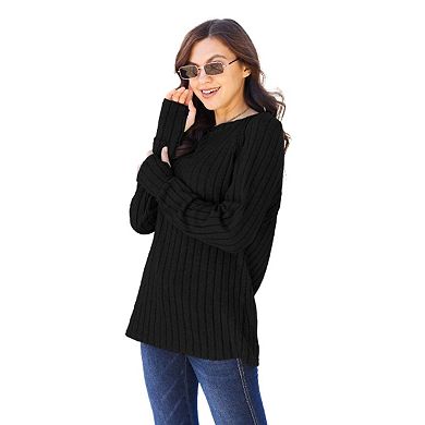 Fashnzfab Full Size Ribbed Round Neck Long Sleeve Knit Top