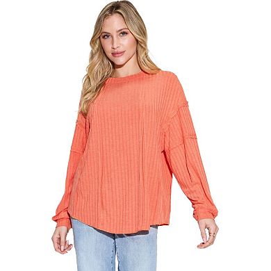 Fashnzfab Full Size Ribbed Round Neck Long Sleeve T-shirt