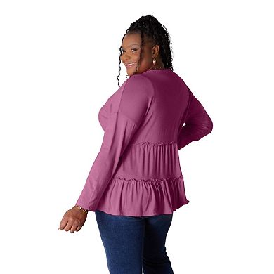 Fashnzfab Half Button Long Sleeve Ruffle Hem Blouse